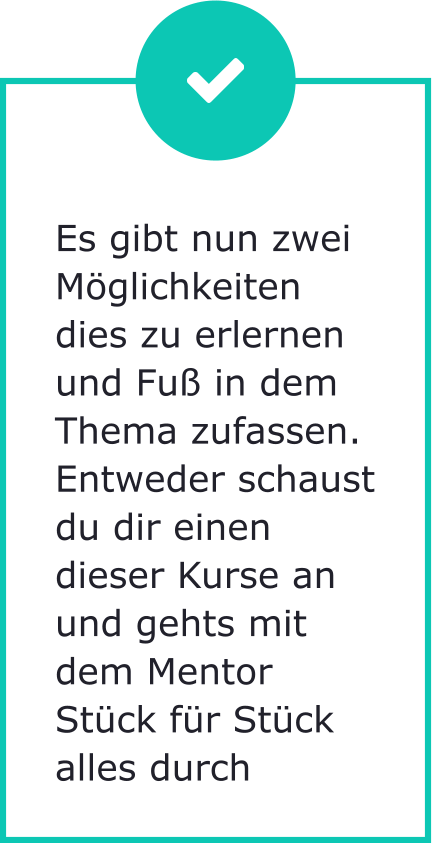 Es gibt nun zwei Möglichkeiten dies zu erlernen und Fuß in dem Thema zufassen. Entweder schaust du dir einen dieser Kurse an und gehts mit dem Mentor Stück für Stück alles durch